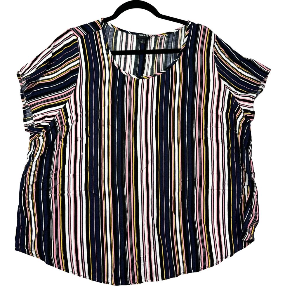 TORRID Top Women's 2 Multicolor Striped Short Sleeve Slub Stretch Scoop Neck